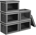 Stackable Storage Bins with Lids - Medium Storage Box with Lids, Foldable Closet Boxes for Organizing, Wardrobe Clothes Organizer with Window, Cubes Bins for Living Room, 5 Pack, Dark Grey