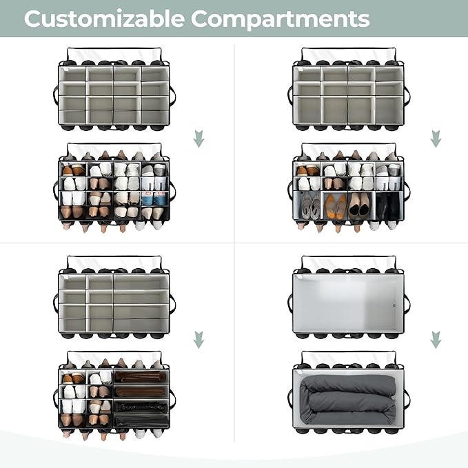 Extra Large Fabric Shoe Organizer for Closet, Fits up to 28 Pairs, Foldable Shoe Storage Bin Containers with Adjustable Dividers and Clear Cover, Black, 6 Pack