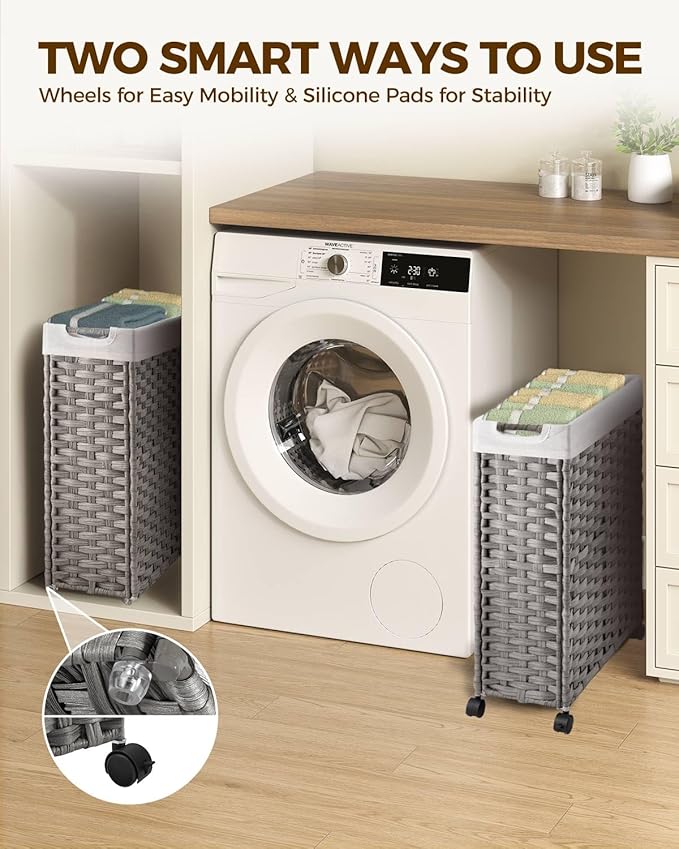 Greenstell Laundry Hamper with Wheels, 11.9 Gallon (45L) Small Clothes Hamper with 2 Removable Liner Bags & 2 Mesh Bags, Slim Rattan Laundry Basket for Bathroom, Bedroom, Grey
