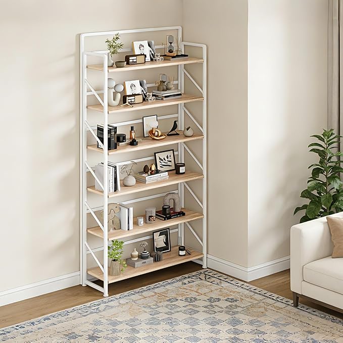 JSB Folding Bookshelf,Industrial Storage Shelves, No Assembly Vintage Wood Look Bookshelf with Storage Shelves for Living Room, Bedroom, Office (White, Wide 6-Tier)