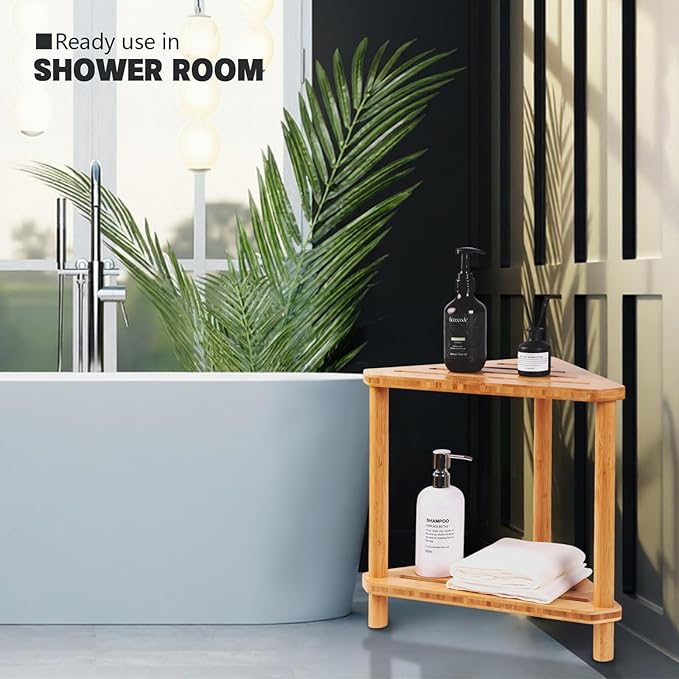 OKIIKOK Corner Shower Stool for Inside Shower Bamboo 2-Tier Waterproof Shower Bench Small Spaces,Shower Foot Rest with Storage Shelf Bath Seat