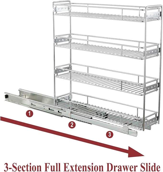 OCG 4-Tier Pull Out Kitchen Cabinet Spice Rack Holder Shelves (8" W x 21" D), Slide Out Slim Storage Wire Baskets for Storage Organization, Narrow Pull Out Storage for Narrow Space