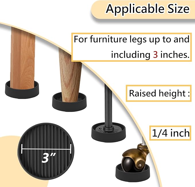 3x3 Round Rubber Furniture Caster Cups, Anti-Sliding Furniture Pads Bed Stopper Floor Protectors with Grip - Protect Any Flooring