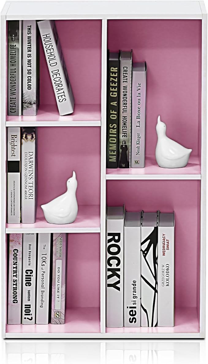 Furinno LUDER Book Shelf, 5-Cube Bookshelf, Reversible Bookcase, 9.4 x 19.5 x 31.5, for Living Room, Bedroom, Home Office, White/Pink