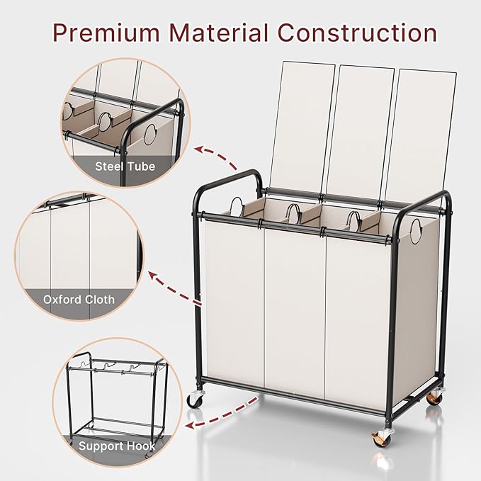 3-Compartment Laundry Cart with Lockable Wheels & Lid 180L Large Wheeled Laundry Basket Heavy-Duty Sorting Organizer for Laundry Room (White)