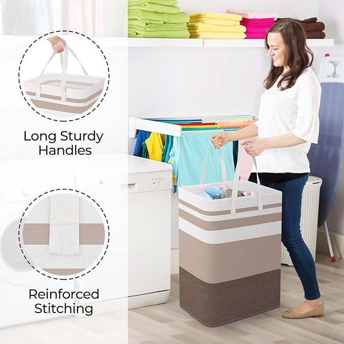 StorageRight Large Collapsible Laundry Basket Hamper with Easy Carry Handles，Freestanding Clothes Hampers for Laundry, Bedroom, Dorm, Towels, Toys, 75L, Khaki