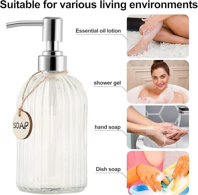 16 OZ Soap Dispenser，Tempered Glass Clear Vertical Stripe with 304 Rust Proof Stainless Steel Pump Refillable Liquid Hand Soap Dispenser，for Bathroom, Kitchen, Dish Soap，Lotion (Clear)