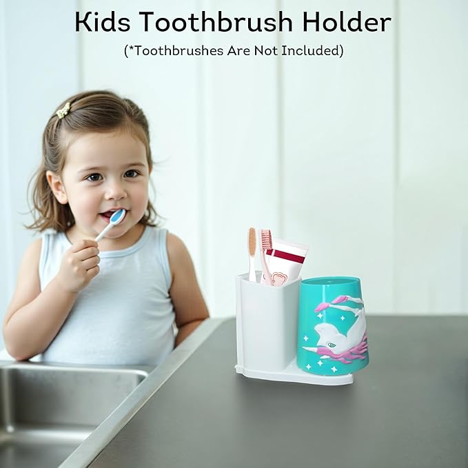 Lily's Home Kids Toothbrush Holder - 3D Unicorn Tumbler & Organizer Set - Fun Bathroom Storage Decor - Pink/White Design - Kids Bathroom Accessories - Space-Saving Holder for Toothbrush/Toothpaste