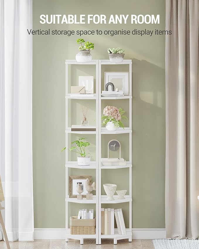 Corner Shelf Stand, Corner Bookshelf, Storage Standing Shelf Unit with Metal Frame, Plant Stand, Bookcase for Living Room, Home Office, Bedroom, 6-Tier White CS06013W