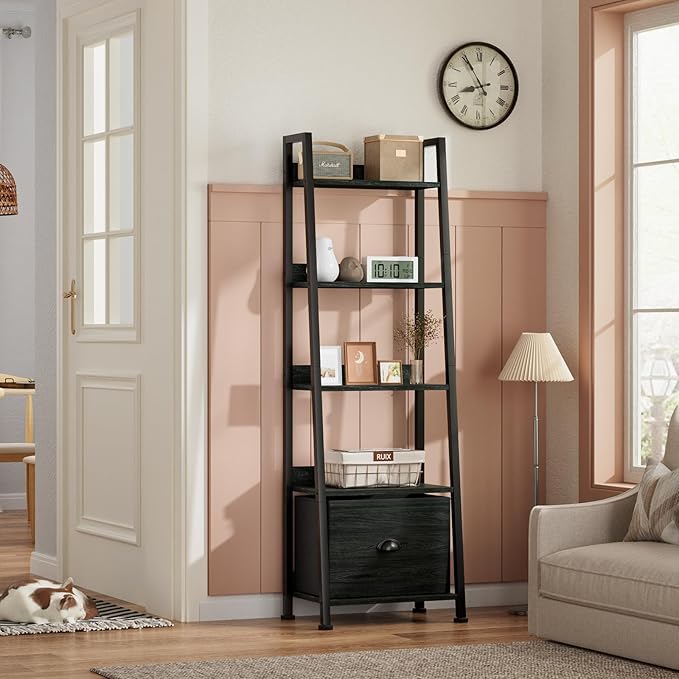Furologee 5-Tier Ladder Shelf, Narrow Ladder Bookshelf with Drawer, 55.6”Tall Industrial Bookcase Storage Rack Organizer, Freestanding Storage Shelve for Living Room, Home Office, Bedroom, Black Oak