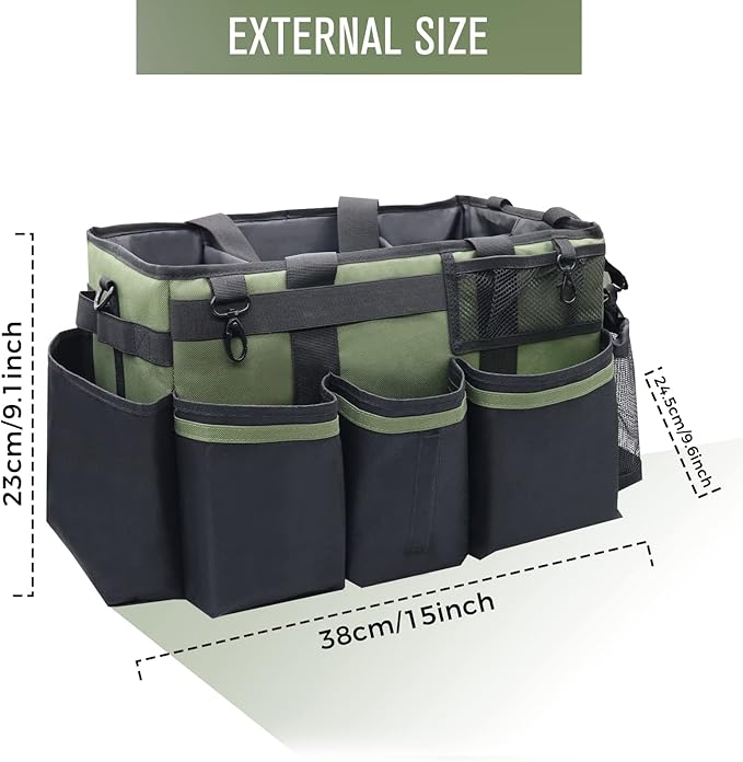 Wearable Cleaning Caddy Organizer with Handle & Shoulder Straps for Housekeepers, Under Sink & Car Cleaning Tool Organizer Bag with 4 Foldable Dividers (Green)
