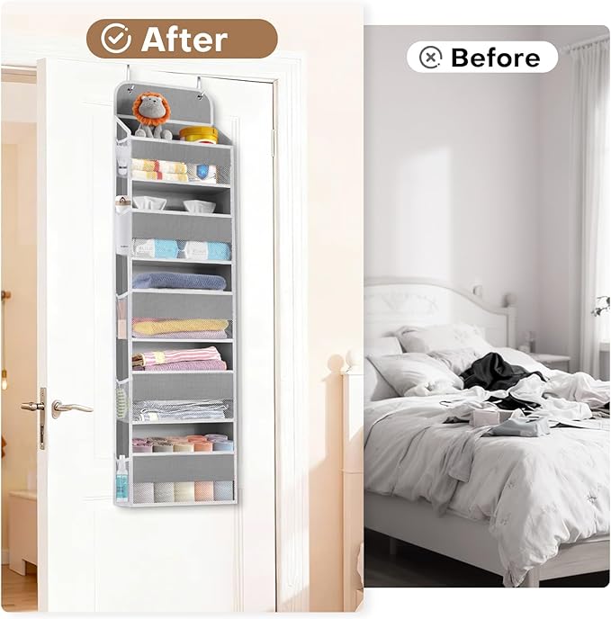SpaceWhisper Over the Door Organizer, 5 Large Pocket Hanging Storage Organizer with 40lb Capacity, Space Saving for Nursery, Bathroom, Bedroom, Closet - Baby Essentials & Toiletry Organizer (Grey)