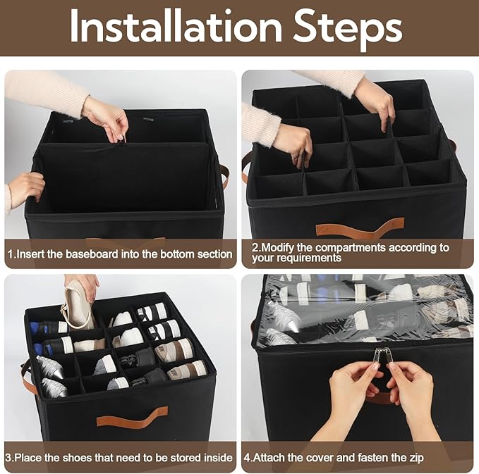 2 Pack Shoe Organizer for Closet, Foldable Shoe Storage Bins with Clear Cover and Adjustable Dividers, Fits up to 16 Pairs, Large Shoe Box Storage Containers with Reinforced Handles (Black)