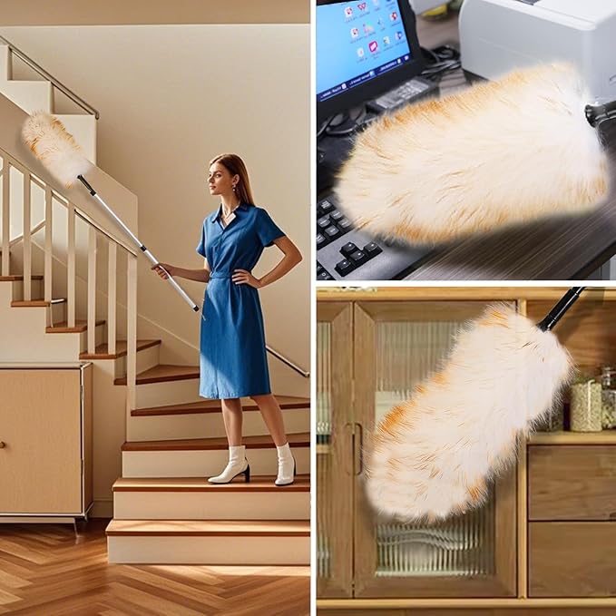 Lambswool Duster Extendable 31-55 Inch, Natural Electrostatic Feather Duster for Cleaning with Aluminum Extension Pole Reusable for High Ceilings, Fans, Blinds, Furniture, Interior & Roof Dusting