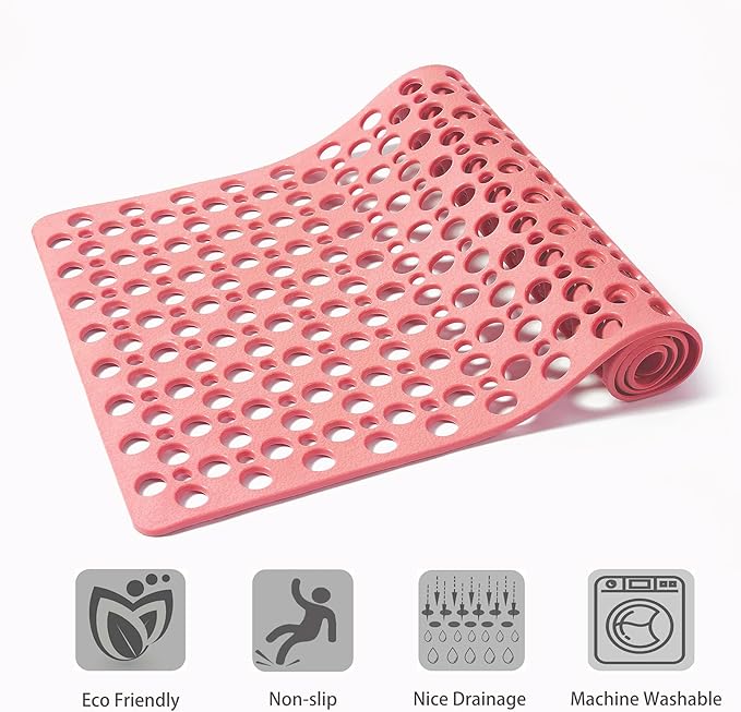 Nonslip Bathtub Mat Extra Soft TPE Bath Mat for Kids, Machine Washable Bathroom Shower Mat, Smooth/Non-Textured Tubs Only, 35L x 16W Inch (Pink)