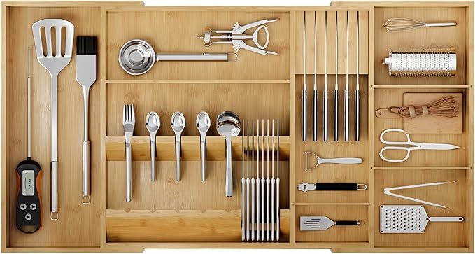 Bamboo Silverware Drawer Organizer, 17.7-29.5 Inch Expandable Large Kitchen Drawer Organizer, 5-8 Slot Flatware with Removable Card Slots & Knife Block for Spoon Butter Knive, Natural