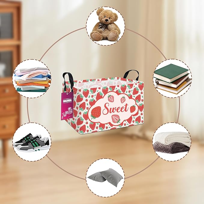 Rectangular Storage Basket Fabric Organizer Bin for Toys,Books,Clothes,Gifts,Pets-Perfect for Home,Office,Nursery,Dorm,Shelf(Rec-strawberry)