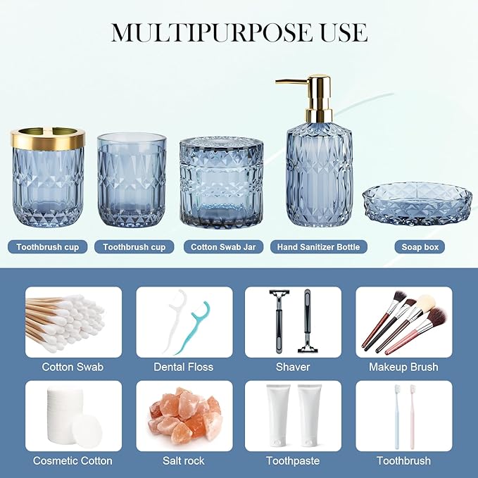 Bathroom Accessory Set 5 Pcs, Glass Bathroom Set Include Soap Dish, Toothbrush Holder, Mousewash Cup, Soap Dispenser, Cotton Swab Jar, Blue