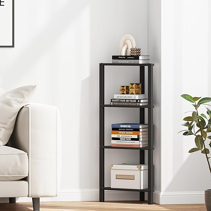 TUTOTAK Corner Shelf, 4-Tier Corner Bookshelf for Small Space, Narrow Display Corner Shelf Stand with Storage Rack, for Living Room, Bedroom, Black BS05BK004