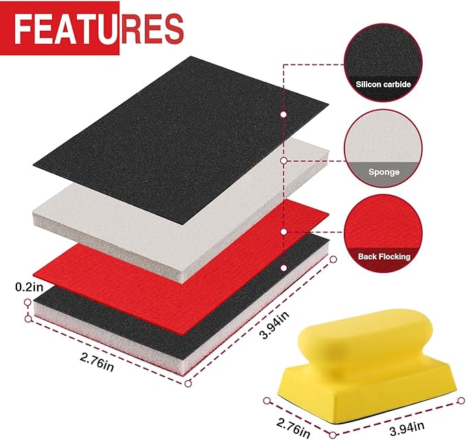 Sanding Sponge, 180-3000 grit Sanding Block, Soft Foam Hand Sanding Blocks, Wet/Dry Sandpaper, Washable and Reusable, Suitable for Wood, Metal, Drywall, Glass and Other Materials.