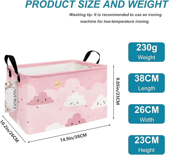 FANKANG Storage Bins, Nursery Hamper Canvas Laundry Basket Foldable with Waterproof PE Coating Large Storage Baskets for Kids Boys and Girls, Office, Bedroom, Clothes,Toys(Rec-pink cloud ）