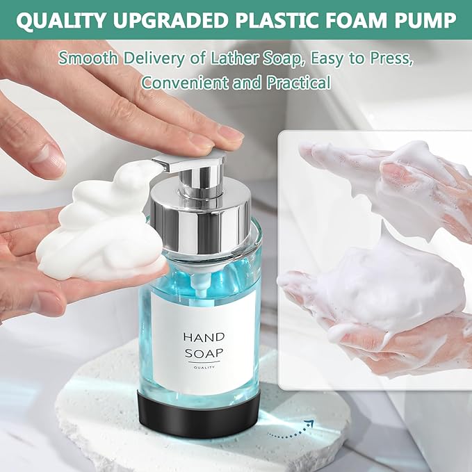 Glass Soap Dispenser, 10 oz/300ml Foaming Soap Dispenser, 2 Pack Foaming Hand Dispenser with 2 Non-Slip Silicone Bottom Sleeve, Clear Refillable Foam Soap Bottle with Silver Pump