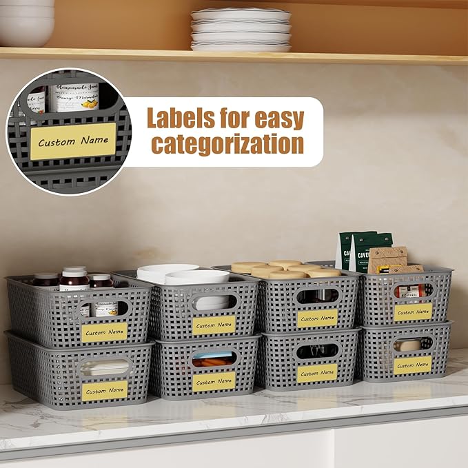 8 PCS Plastic Storage Baskets with Lids, Stackable Storage Bins with Lids & Labels for Organizing, Small Storage Bins for shelves, Office, Drawer, Cabinet & Pantry,Nursery Organization,10.2*7.2*4.1In