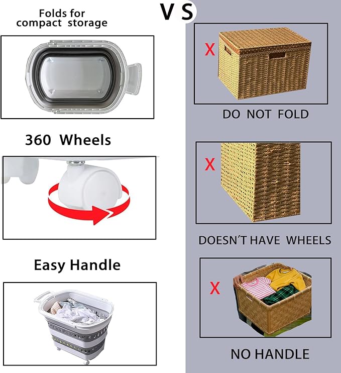 Folding Laundry Basket with Wheels Handle Collapsible Plastic Hamper 38L Portable Rubber Clothes Multi Use Grocery Shopping Cart Pop Up Storage Container Organizer with Hanging Space Saving White Grey