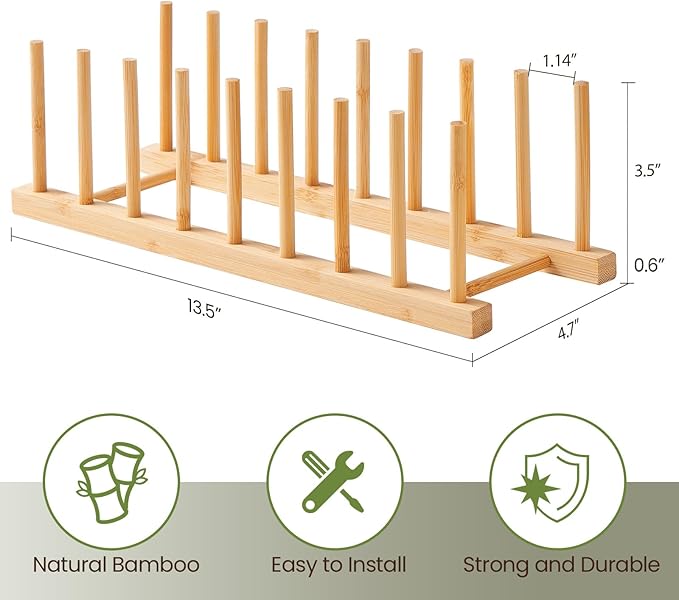 Bamboo Wooden Dish Rack-Plate Pot Lid Cutting Board Organizer Holder Rack for Cabinet-Kitchen Cabinet Organizer for Dish, Pots, Lids, Bowls, Bottles, Books, and Puzzle