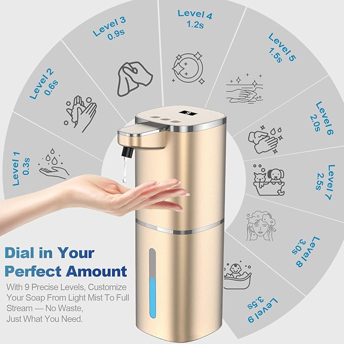 Automatic Liquid Soap Dispenser, 9 Adjustable Levels, 380ml/12.8oz, Touchless Hand Soap or Dish Soap Dispenser,IR Sensor & Display,Wall-Mount or Tabletop Use for Bathroom Kitchen (Gold)