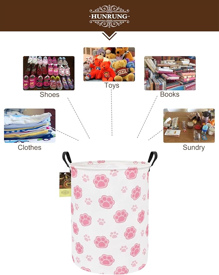 HUNRUNG Laundry Hamper,Large Canvas Fabric Lightweight Storage Basket Toy Organizer Dirty Clothes Collapsible Waterproof for College Dorms（Round-Pink Paw）