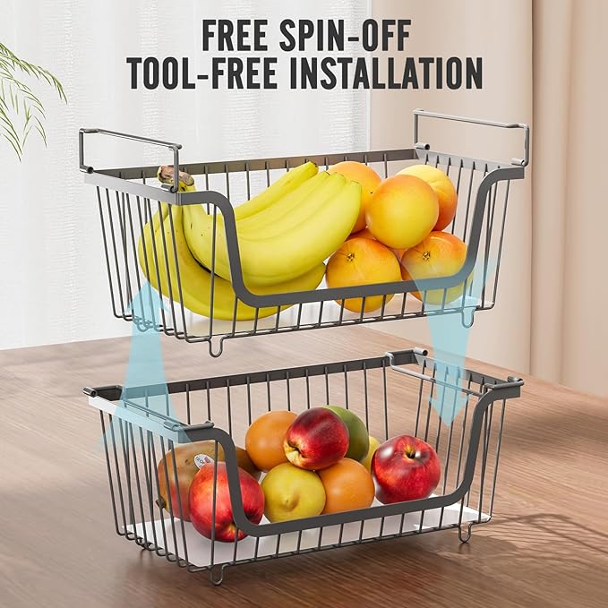 4 Pcs Stackable Wire Baskets for Pantry Organizers and Storage,Vegetable Fruit Basket for Countertop,Kitchen Storage Metal Baskets,Produce Potato Onion Storage Bin,Gray