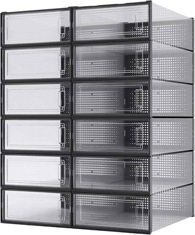 PARANTA 12-Piece Boot and Shoe Storage Box, Stackable Clear Plastic Shoe Box, Space-Saving Shoe Organizer for Boots, Sneakers, and High Heels, Black