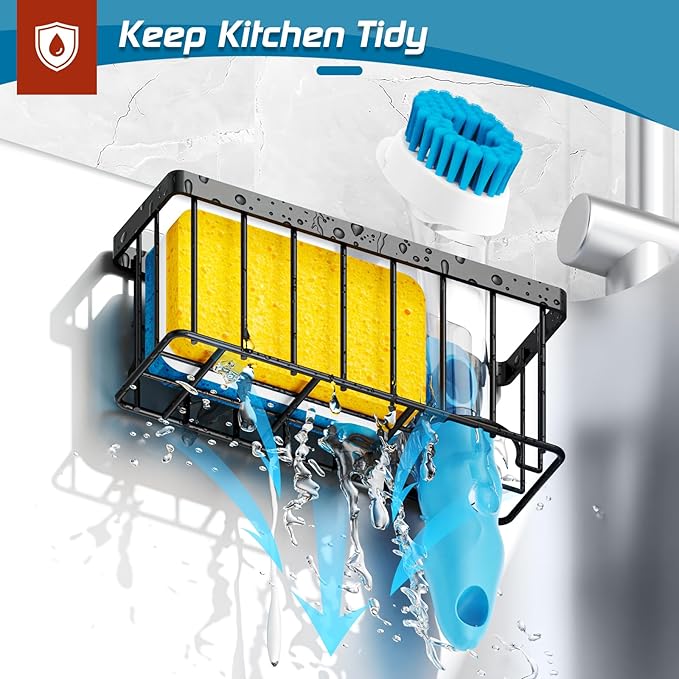 Sponge Holder for Kitchen Sink,Sink Caddy Organizer with Suction Cups/Adhesive Strips,Dish Sponge Holder Design for Sponges,Scrubber,Stoppers-Black