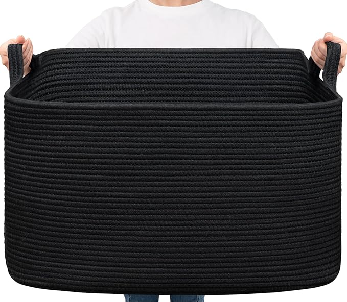 Goodpick Extra Large Storage Basket, 23.6" x 15.7" x 13.8" Rectangle Cotton Rope Basket for Blankets, Pillows, Toys, Woven Dirty Clothes Baskets for Laundry, Black
