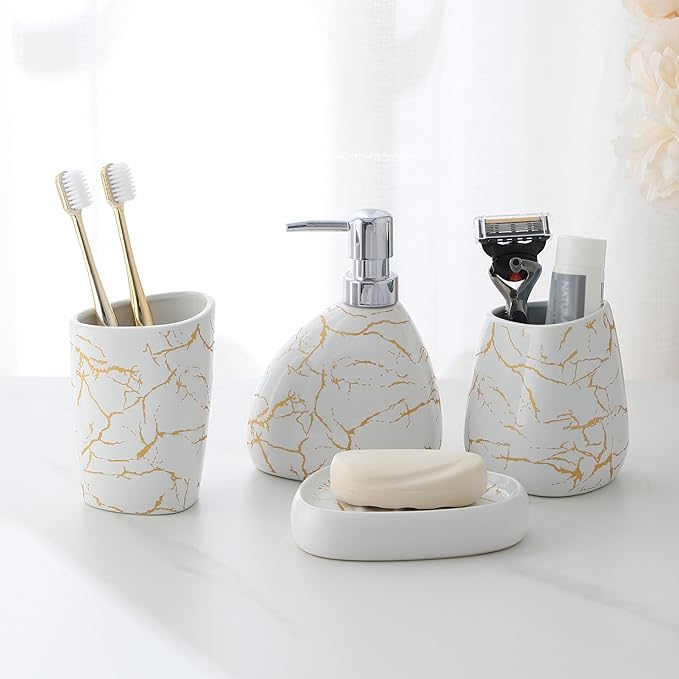MALACASA Bathroom Accessories Sets 4 Pcs, Cream Soap Dispenser and Farmhouse Toothbrush Holder, Soap Dish with Storage Cup, Durable Ceramic Bathroom Decor for Morden Apartment, White Gold