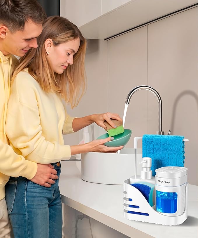 Kitchen Soap Dispenser Set, 4-in-1 Dual Hand and Dish Soap Dispenser with Sponge Holder and Dishcloth Holder for Kitchen Sink (White)