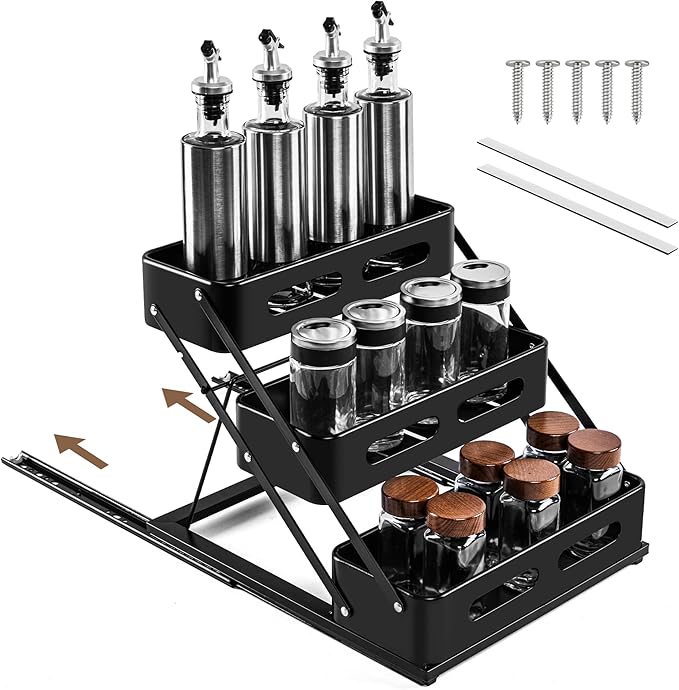VUSIGN Pull Out Spice Rack Organizer for Pantry, 3 Tier Spice Organizer for Cabinet, Height Adjustable Spice Racks, Heavy Duty Vertical Spice Shelf for Seasoning Organizer for Kitchen
