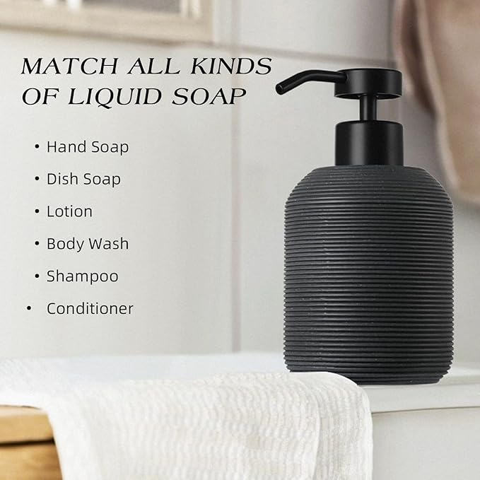 Black Hand Soap Dispenser, Matte Black Soap Dispenser for Bathroom 2 Pack, 12 Fl Oz Resin Soap and Lotion Dispensers Set with Plastic Pump, Boho Refillable Liquid Dish Soap Dispensers Bottle