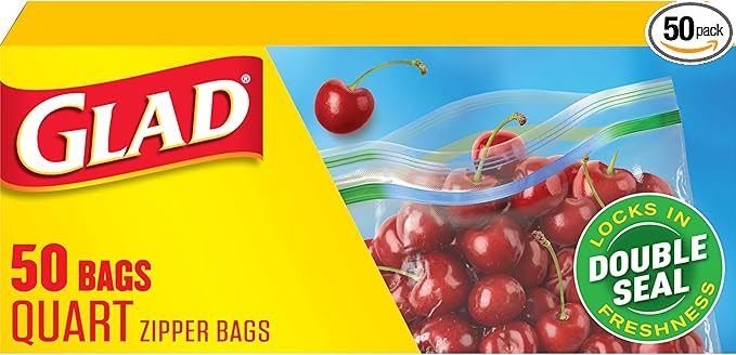 Glad Zipper Food Storage Plastic Bags, Quart, 50 Count (Package May Vary)