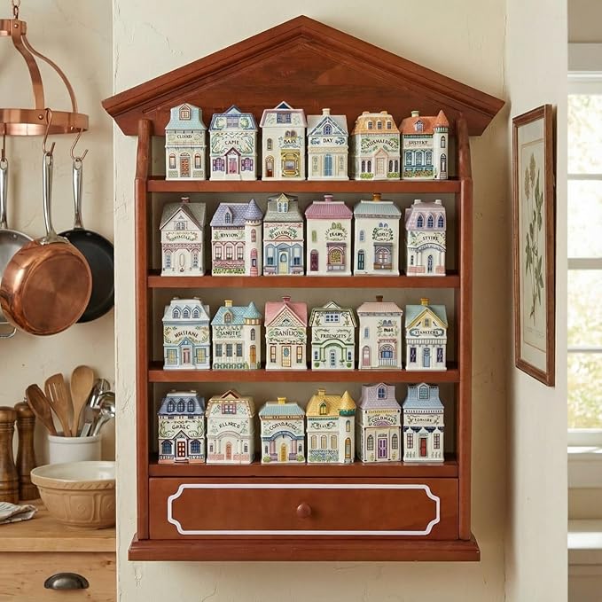 Chunful Vintage Spice Village Wooden Rack 22 x 17 x 4 Inches with 4 Shelves and Drawer for Wall Mounting Kitchen Storage Spice Village Display Shelf for 24 Jars, Shelf Only (Brown, Classic)
