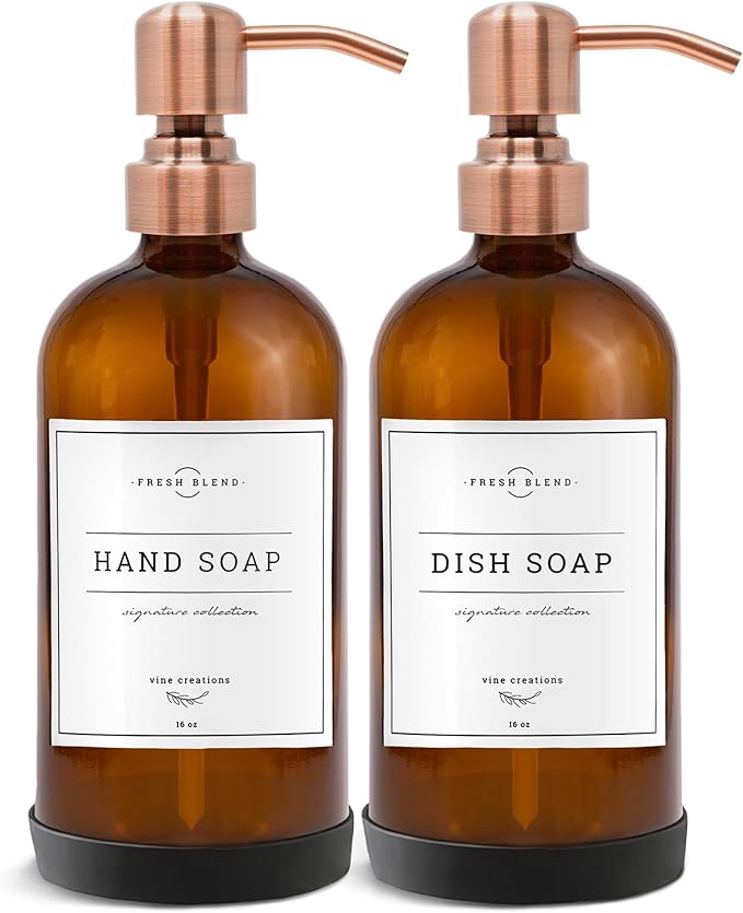Vine Creations Amber Glass Soap Dispenser, 2 Pack Kitchen Soap Dispenser Set with Stainless Steel Pump, 16 oz Dish Soap and Hand Soap Dispensers for Bathroom with Waterproof Labels