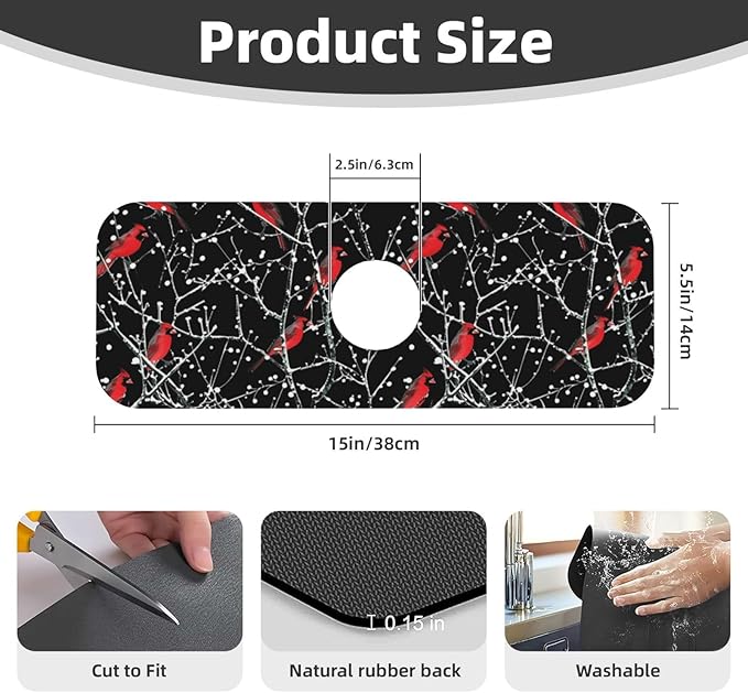 Faucet Draining Mat For Kitchen Sink, Red Bird Winter Red Cardinals Diatom Mud Absorbent Drain Pad For Bathroom Kitchen Sink Splash Guard Drying Mat