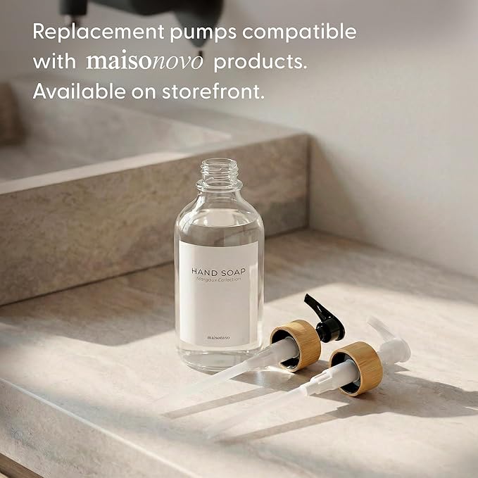 MaisoNovo Hand and Dish Soap Dispenser for Kitchen Set of 2-16.9oz Clear Dish and Hand Soap Dispenser Set for Kitchen - Clear Plastic Bottles x 2 with White Bamboo Pumps & Tray
