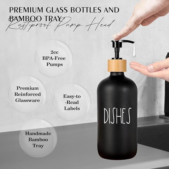 Arktek Glass Soap Dispenser Set with Tray, 2 Pack Hand and Dish Soap Dispenser Set for Bathroom and Kitchen Bottle Dispenser with Dish Soap, Hand Soap, Lotion 17 Oz (Black & White)