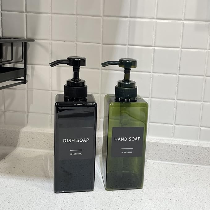 Green Soap Dispenser with Waterproof Labels, Thickened Plastic Hand Soap Dispenser for Bathroom, Kitchen Dish Washing Liquid Bottles, Shampoo and Conditioner Bottles with Funnel (16oz 2Pack Green)