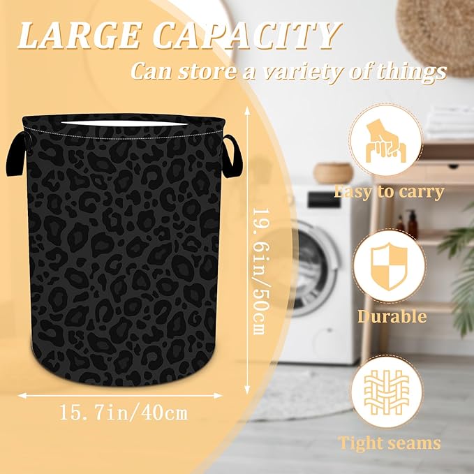 Laundry Hamper, Grey and Black Leopard Print Laundry Basket, Oxford Waterproof Foldable Clothes Storage Bin, Toy Organizer Basket for Bathroom/Household/College Dorms 15.7"x19.6"