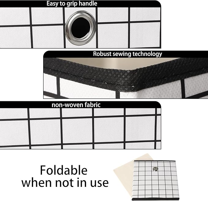 Foldable Storage Cubes Bins,11 Inch Cloth Storage Cube Fabric Storage Box Cubes Organizer Baskets with Dual Handles for Home Organizer Set of 3 (White grid)