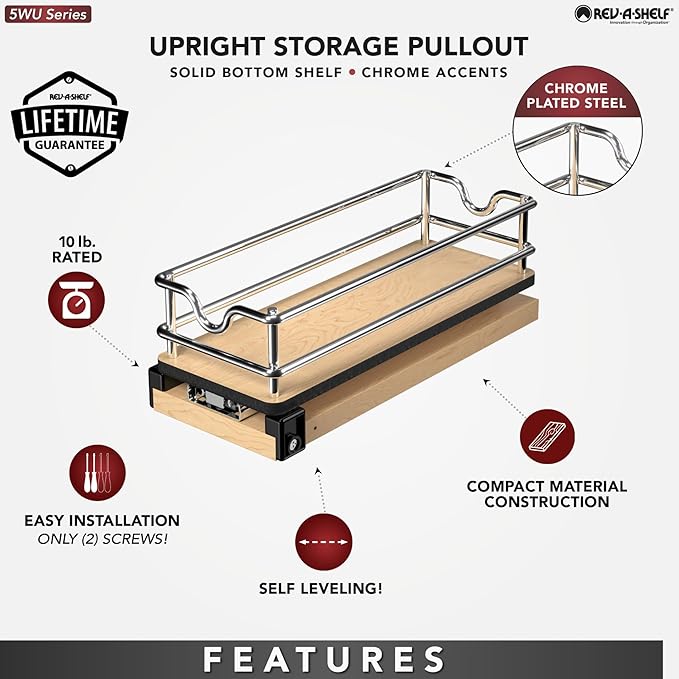Rev-A-Shelf 9" Pullout Organizer for Cabinets, Single-Tier & Single-Wide Upright Sliding Storage for Kitchen Shelf, 5WU1-5W1-1