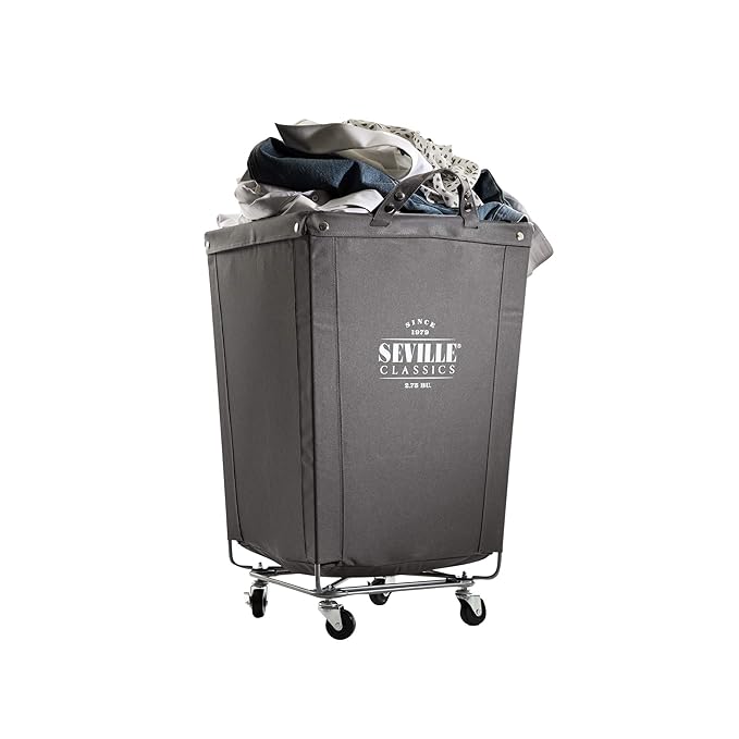 Seville Classics Large Commercial Heavy Duty Rolling Steel Frame Laundry Hamper Canvas Cart Bin, w/ Wheels for Hotel, Home, Closet, Bedroom (PATENTED), Gray, 18.1" D x 18.1" W